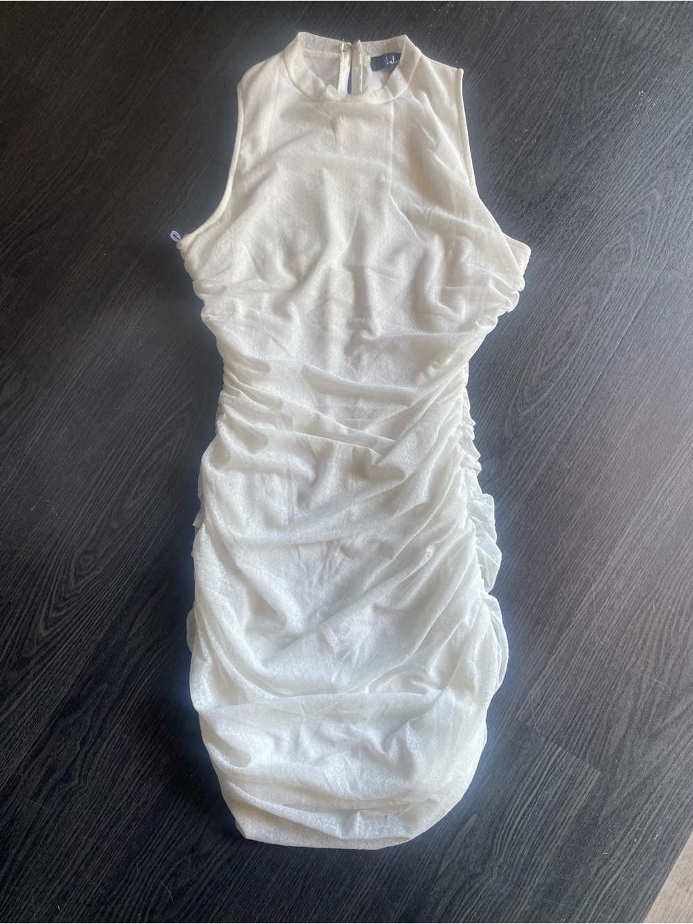 Lulu's Ivory Ruched Sleeveless Mini Dress size med event classy chic bride party